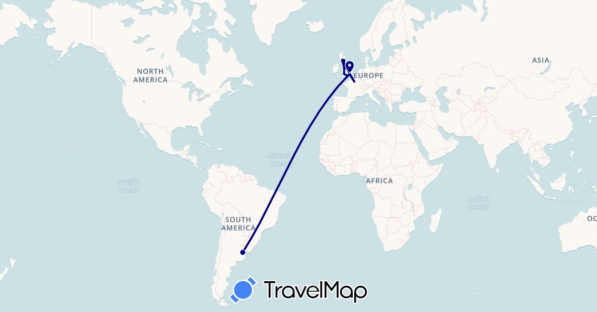 TravelMap itinerary: driving in Argentina, France, United Kingdom (Europe, South America)